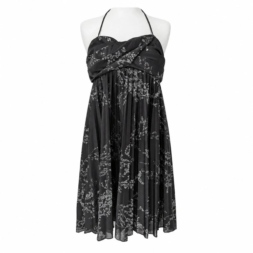 Vintage B Darlin Dress Black Silver Glitter Floral Halter Pleated 11/12 Y2K USA - Picture 1 of 9